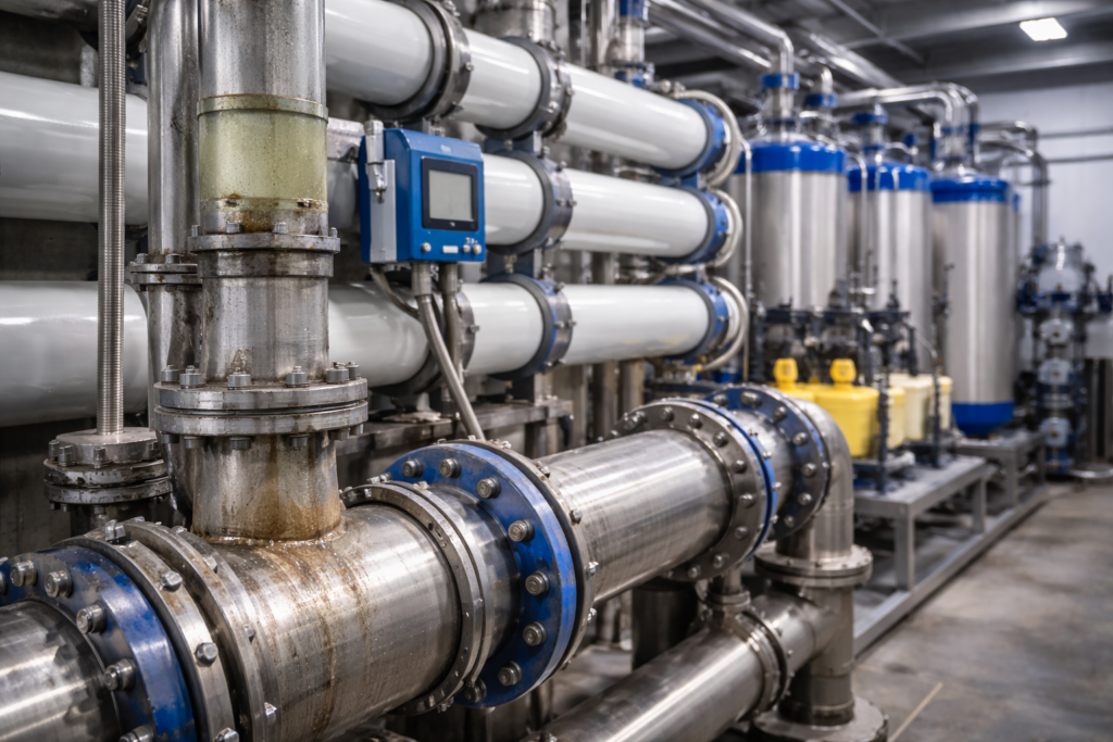 Industrial piping system with visible internal biofilm buildup and deposits, illustrating biofilm formation inside water treatment equipment in a real facility setting
