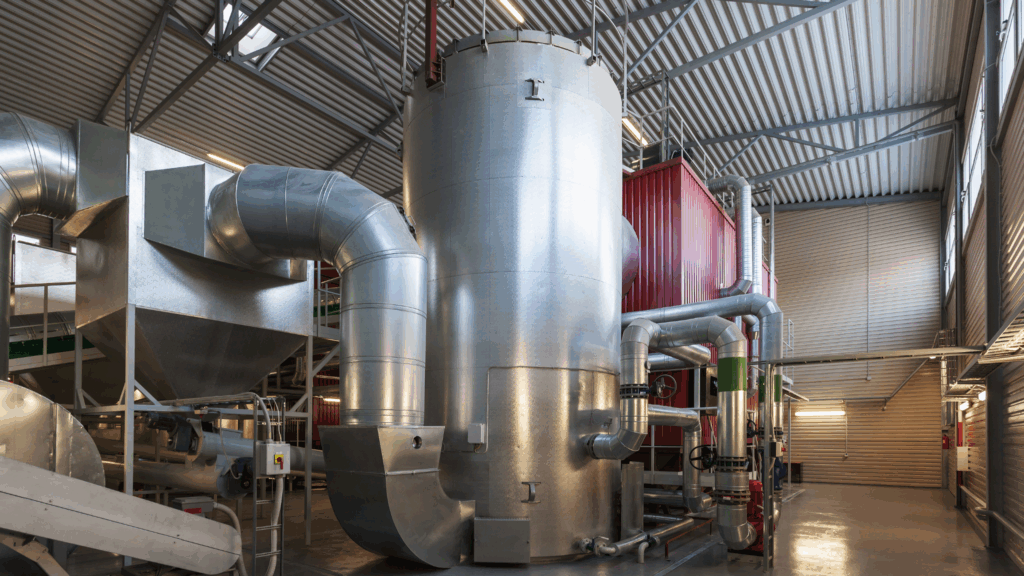 Industrial boiler system with metal surfaces and piping, representing effective boiler corrosion inhibitor protection.