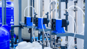 Chlorine dioxide dosing pumps in an industrial water treatment system—part of a safe, efficient on-site chlorine dioxide generation setup.