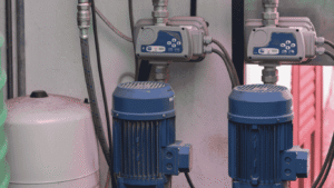 Chlorine injection system with chlorine pumps and dosing pump equipment used in water treatment systems for chlorine injection into well water, featuring pumps, tube connections, tank integration, and pressure controls for safe water treatment operation and optimal performance.