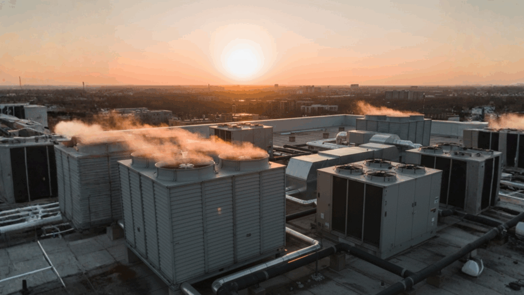 Cooling tower system on industrial rooftop, showing warm air exhaust from cooling towers and fan-coil units of air cooled chillers.