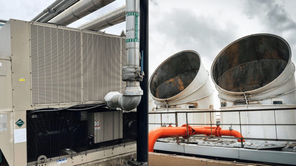 A cooling tower vs chiller comparison, showcasing the differences between these cooling systems. On the right, a cooling tower, often used in power plants and industrial processes, utilizes evaporative cooling to remove excess heat and reject heat into the surrounding air. On the left, an industrial chiller (air-cooled) provides efficient cooling in large-scale HVAC systems, such as data centers and commercial buildings, through a refrigeration cycle. Both systems, including water-cooled chillers and air-cooled chillers, are critical for precise temperature control, cooling needs, and maximizing energy efficiency in industrial applications, where heat exchangers and evaporative cooling play vital roles in dissipating heat.