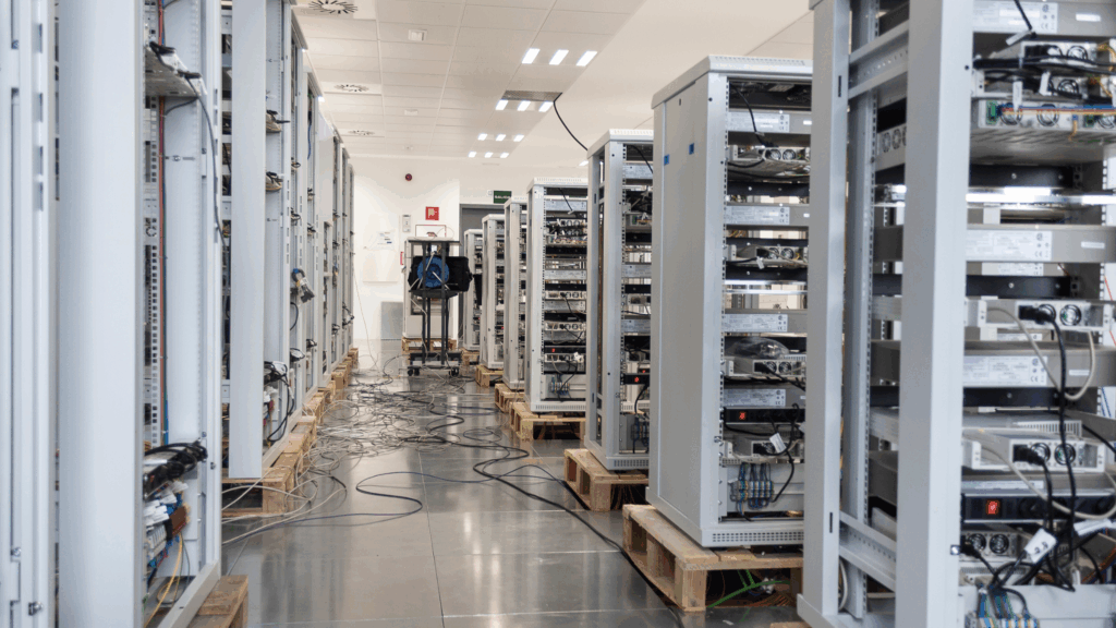 Interior of a data center with server racks representing energy and water efficiency through advanced data center water treatment.