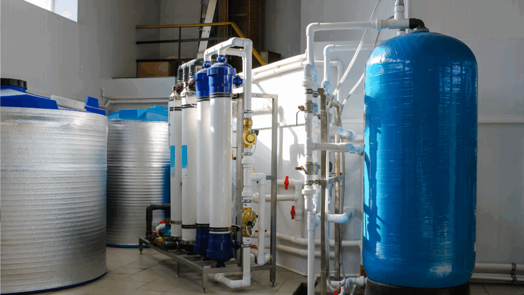 Electrodeionization (EDI) water treatment system with pressure vessels and filtration units in a facility.