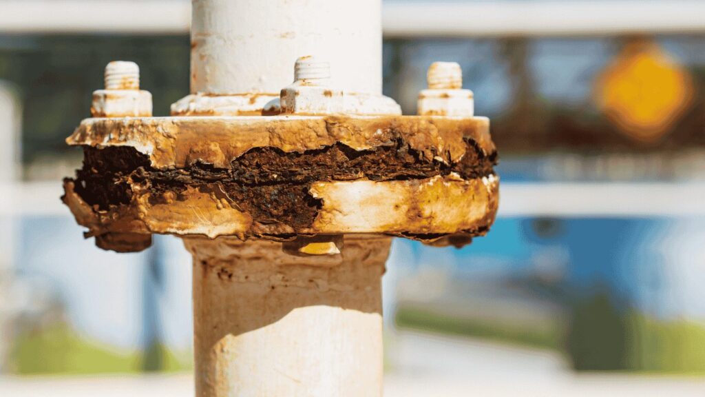 Galvanic corrosion visible on an industrial pipe flange connection showing severe metal loss and rust caused by dissimilar metal corrosion, where stainless steel and galvanized steel as two metals are electrically connected and undergo galvanic corrosion by forming a galvanic cell in the presence of moisture, illustrating how zinc coatings sacrifice to protect steel according to the galvanic series, similar to corrosion behavior seen in an aluminium hull, with corrosion rates influenced by different metals, iron supports, electrolyte exposure, and relative surface area between connected components.