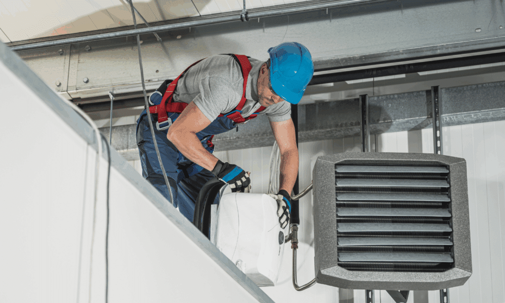 Technician inspecting and servicing HVAC equipment in an industrial facility ceiling space