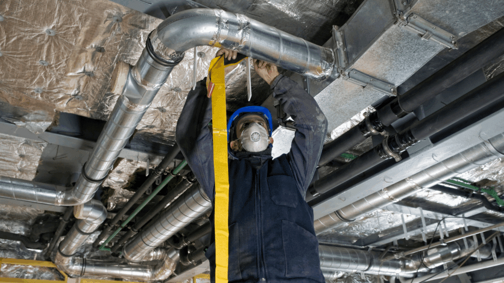 Technician inspecting HVAC condensation through ductwork in an industrial facility.