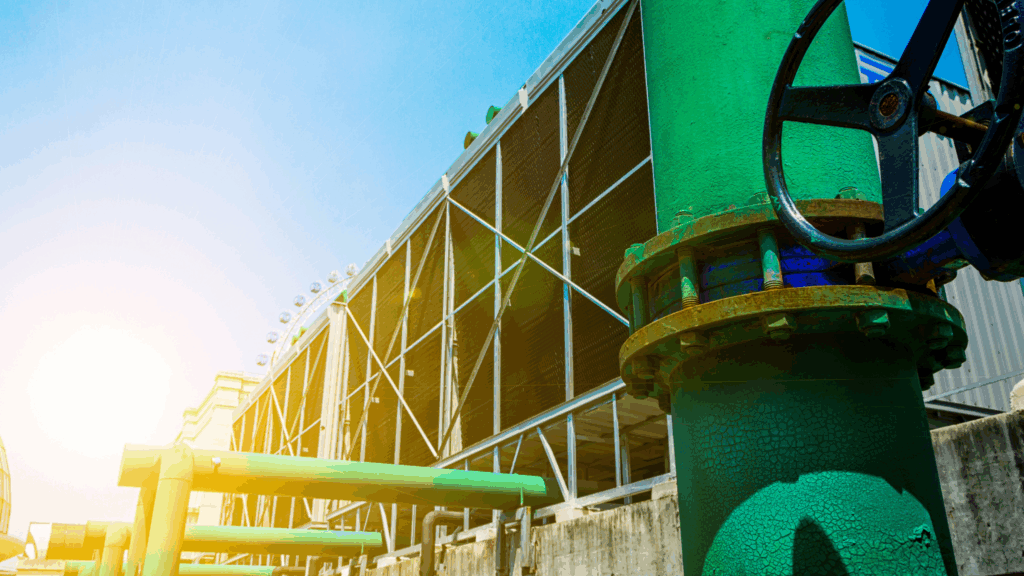Industrial cooling tower system with large green water pipes and valve in foreground, illustrating sustainable water treatment and facility operations.