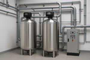 Industrial water softener system with stainless steel tanks and control panel in a modern plant facility, demonstrating efficient water treatment and process reliability.
