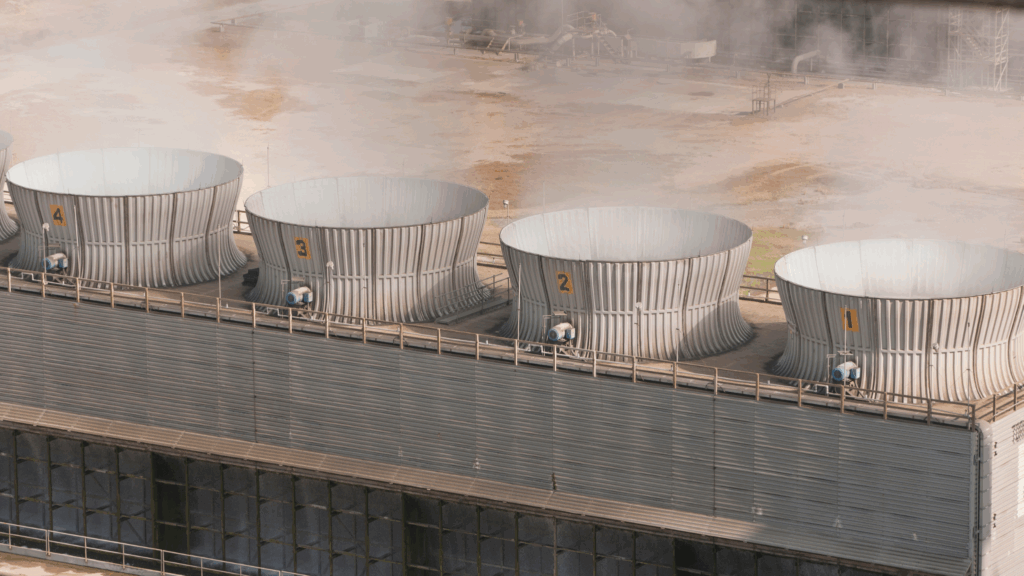 Cooling towers releasing mist, highlighting the need for effective legionella treatment to prevent bacteria growth.