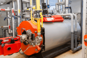 Industrial boiler system with visible piping and valves, emphasizing the role of pH control in boiler water treatment.