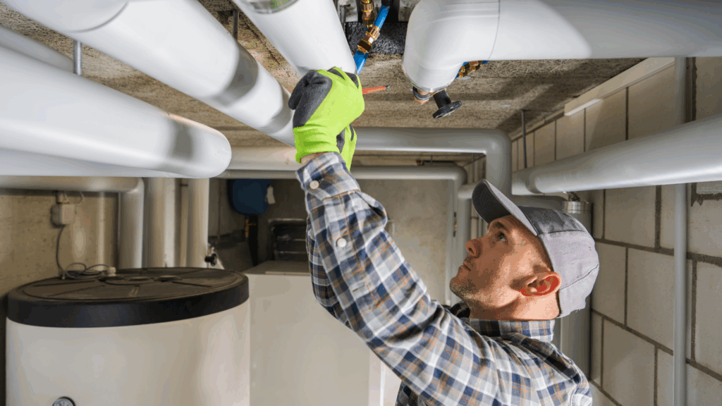Technician inspecting insulated pipes as part of campus water system maintenance.