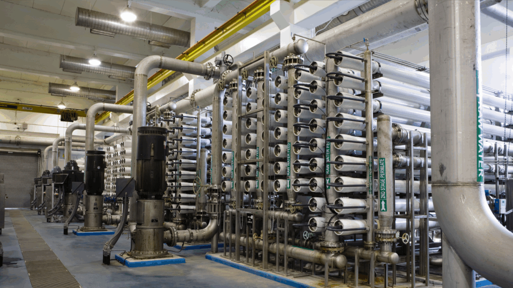 Industrial reverse osmosis system with membrane housings and high-pressure piping for water purification