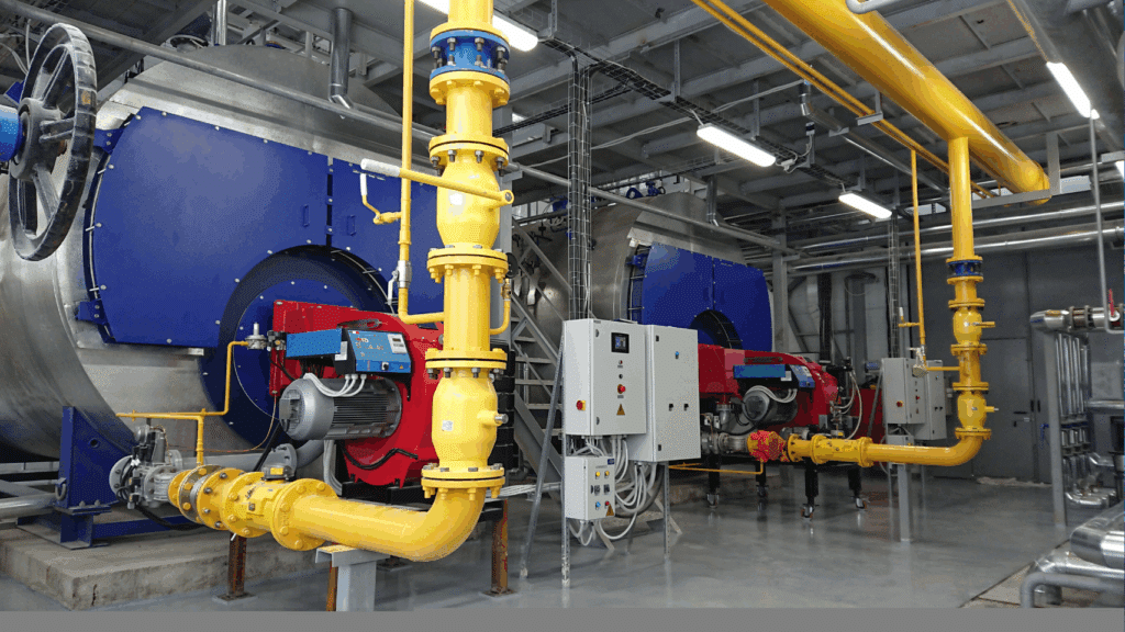 Industrial boiler system and steam piping illustrating steam quality and steam distribution performance