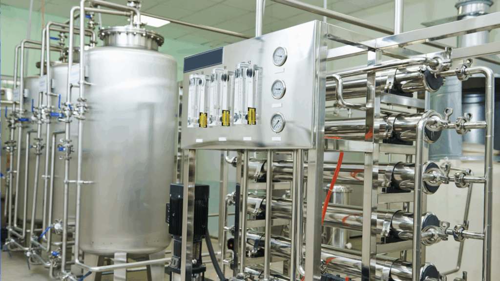 Stainless steel reverse osmosis and pretreatment system in an industrial water treatment facility.