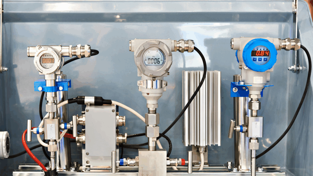 Industrial water treatment system with connected monitoring equipment and valves.