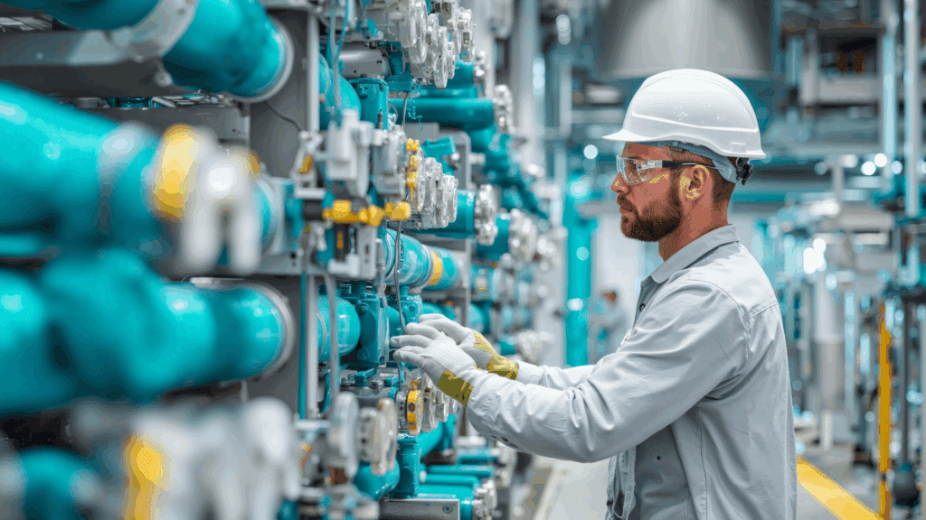 Technician inspecting industrial piping as part of water treatment corrosion control processes.